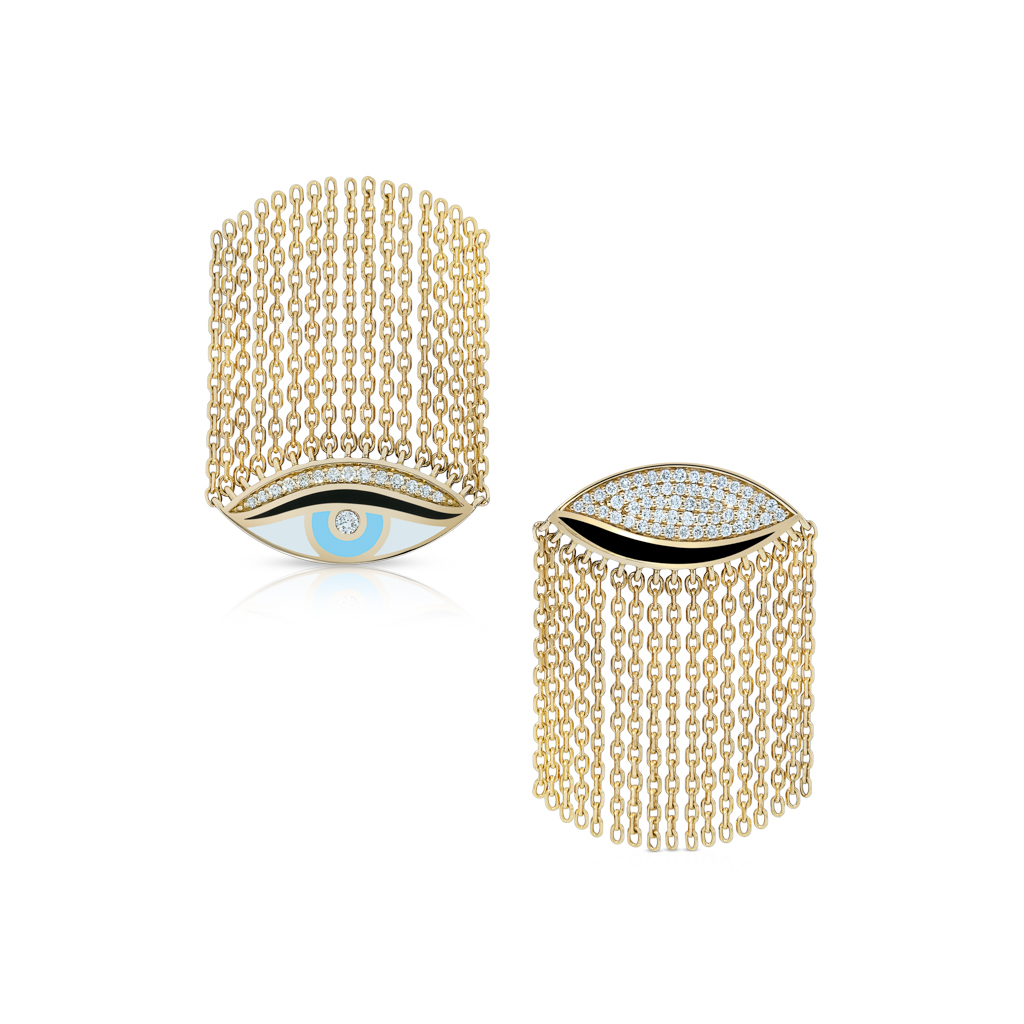 Gold double-faced eye ring featuring chains and a decorative eye design with gemstones.
