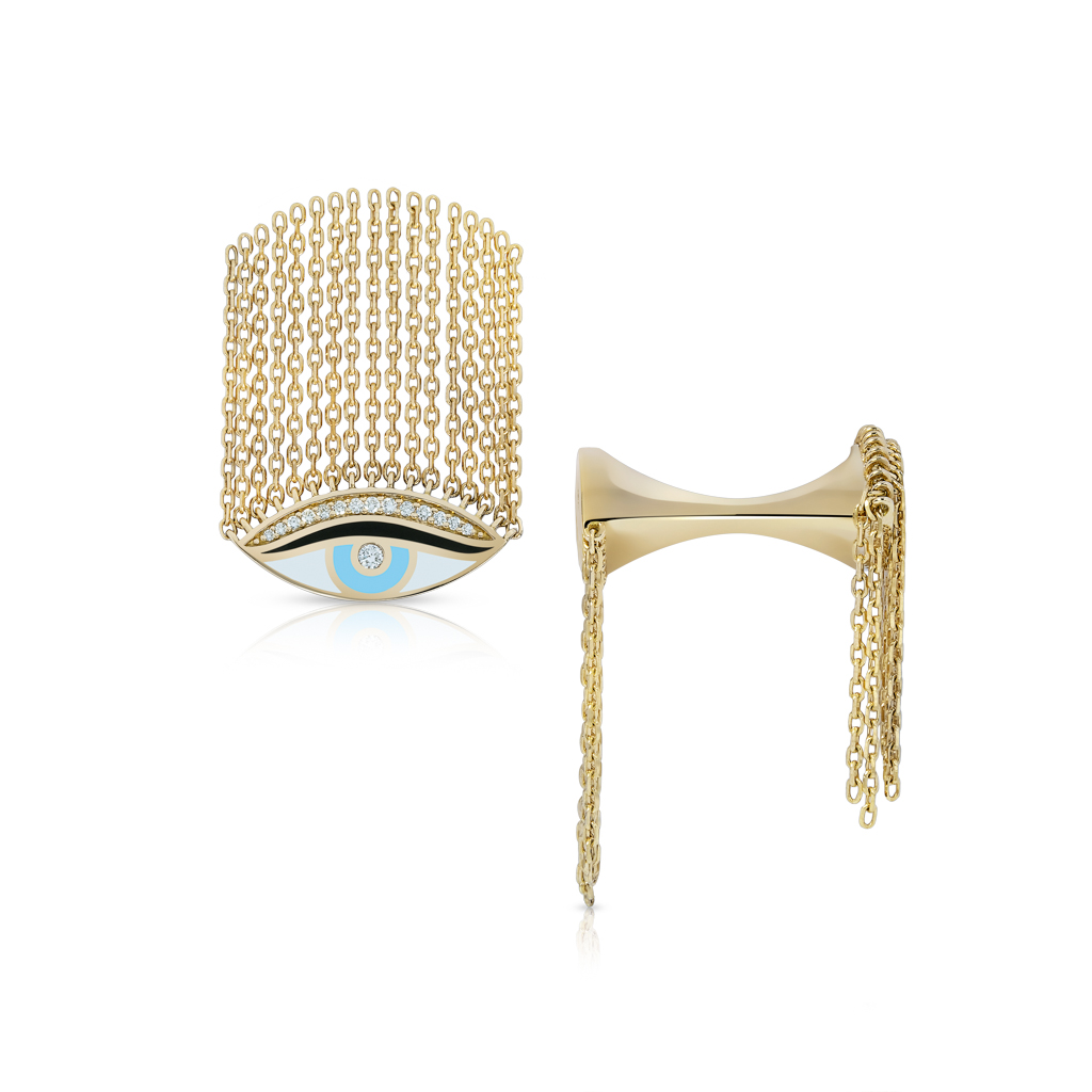 Gold double-faced eye ring with fringe chains and an eye motif in the center.