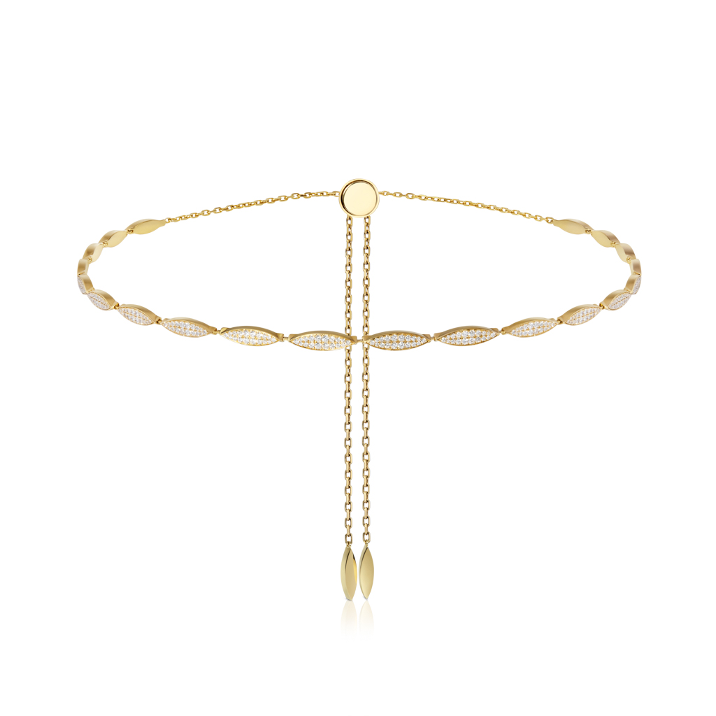 Gold choker necklace featuring enamel accents and chain details with a clasp closure.