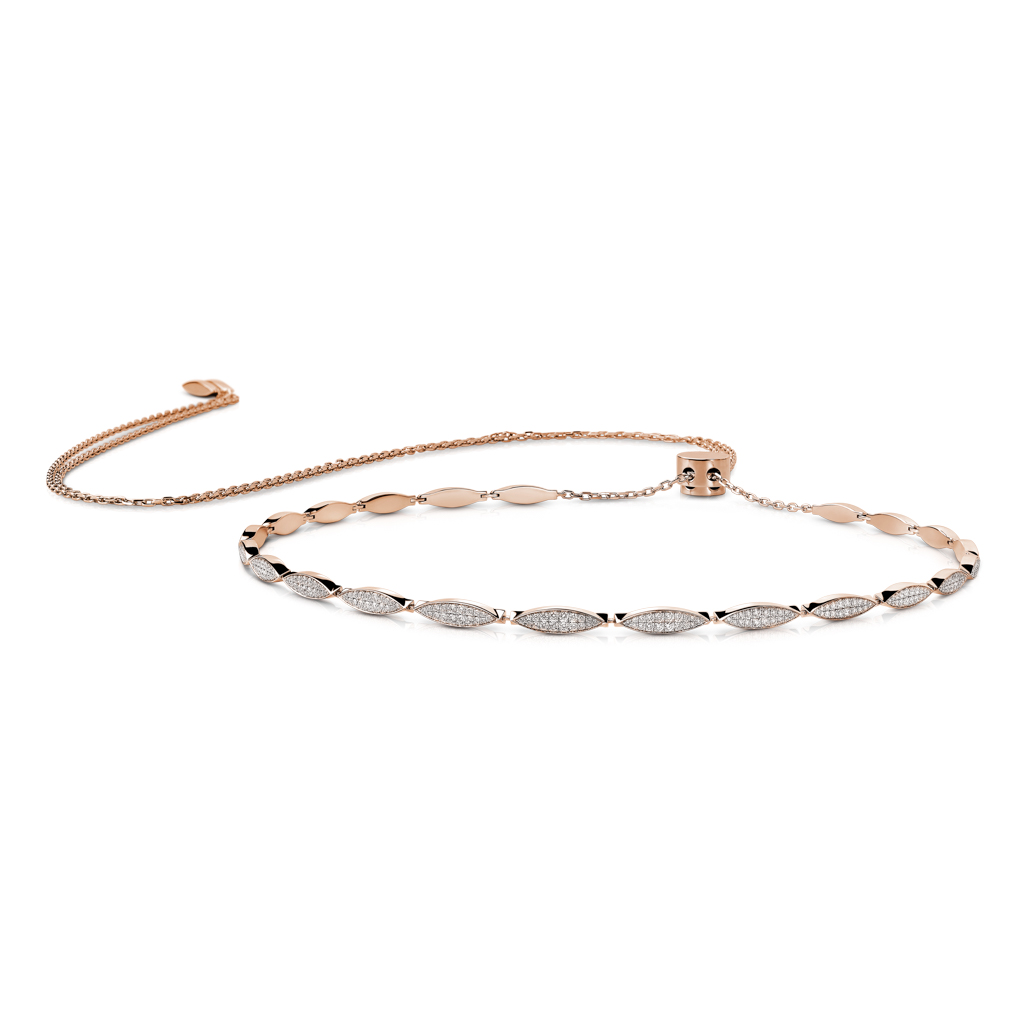 A rose gold choker necklace featuring diamond-like embellishments and a chain closure.
