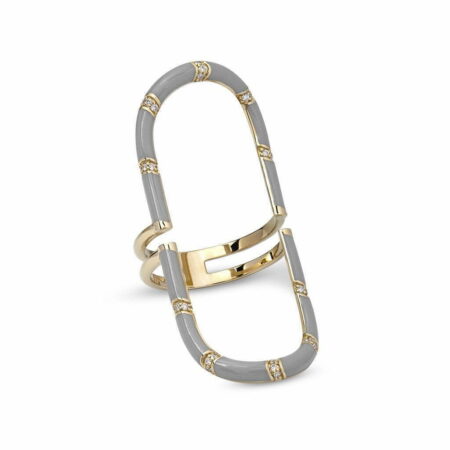 Calatrava The Row diamond ring featuring gray enamel and gold accents, designed with a unique elongated shape and sparkling diamonds.