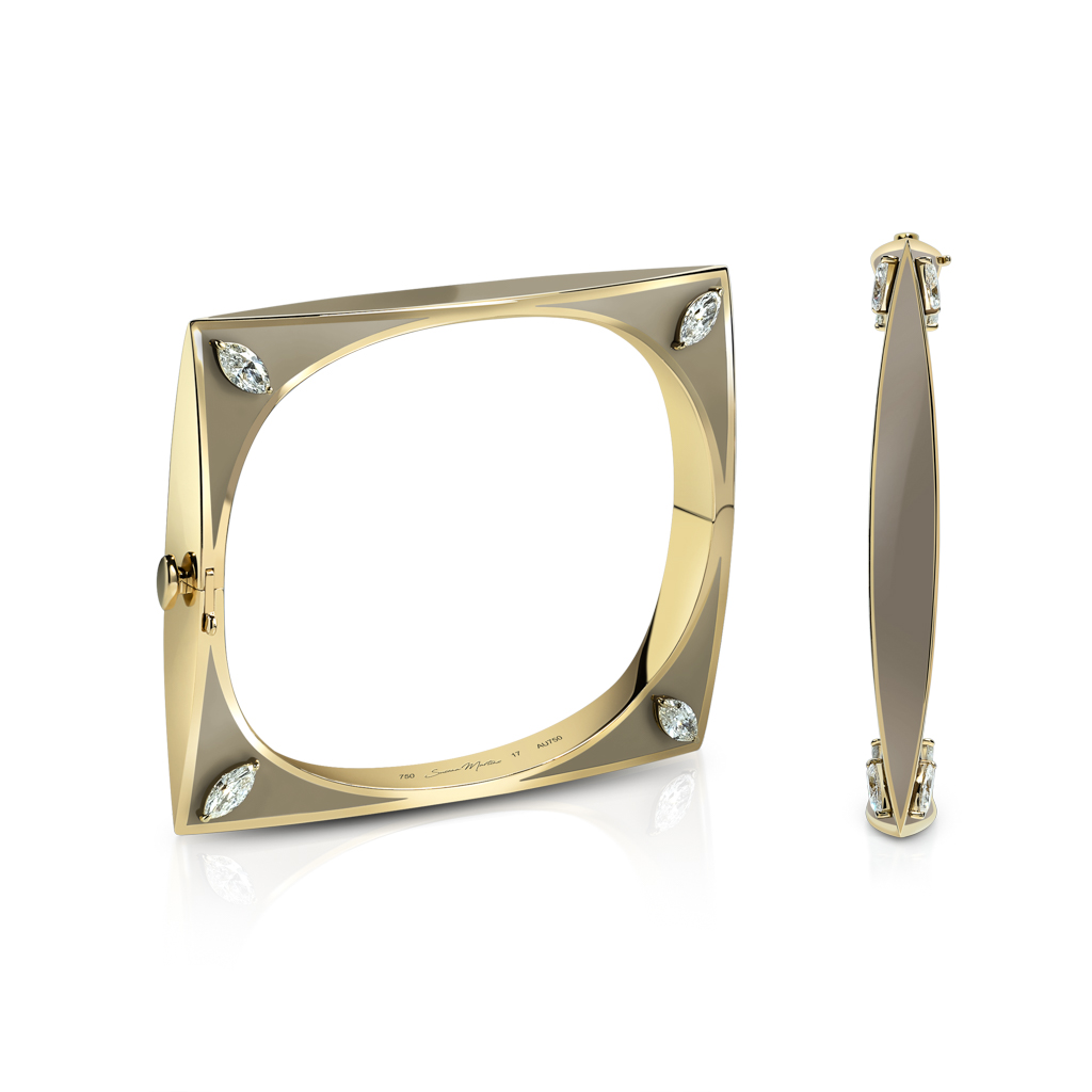 Yellow gold bangle with a square shape and four diamond-like accents at the corners.