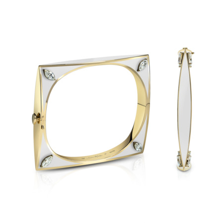 A yellow gold and white bangle with a square shape and decorative elements at the corners.
