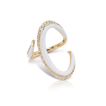 Banana enamel ring in yellow gold with white accents and sparkling crystals, showcasing a unique and modern design.