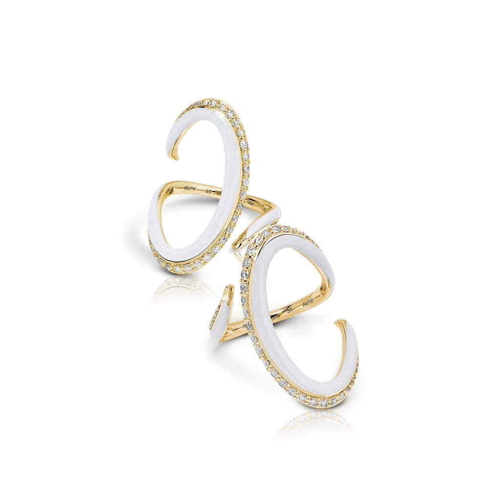 Calatrava enamel strokes earrings featuring white enamel and yellow gold with diamond accents.