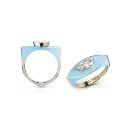 Marquise-shaped ring with a diamond set in yellow gold and baby blue enamel design.