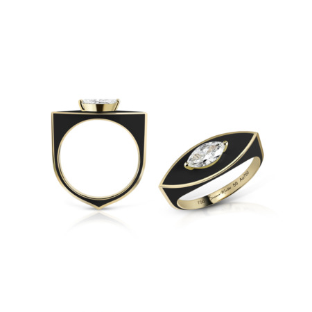 Marquise-shaped ring featuring a diamond set in yellow gold with a black enamel band.