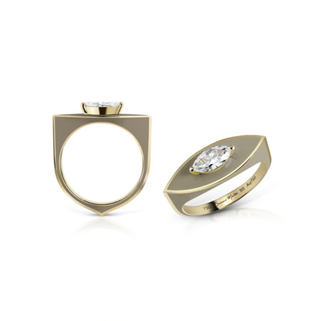 Gold ring featuring a marquise-cut diamond set in a geometric design.