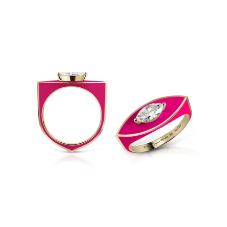 Marquise-shaped ring featuring a hot pink enamel band and a diamond centerpiece in yellow gold.