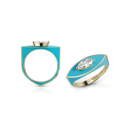 Marquise-shaped ring featuring turquoise enamel and a diamond set in yellow gold.