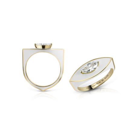 Marquise-shaped ring featuring enamel and yellow gold, showing front and side views.