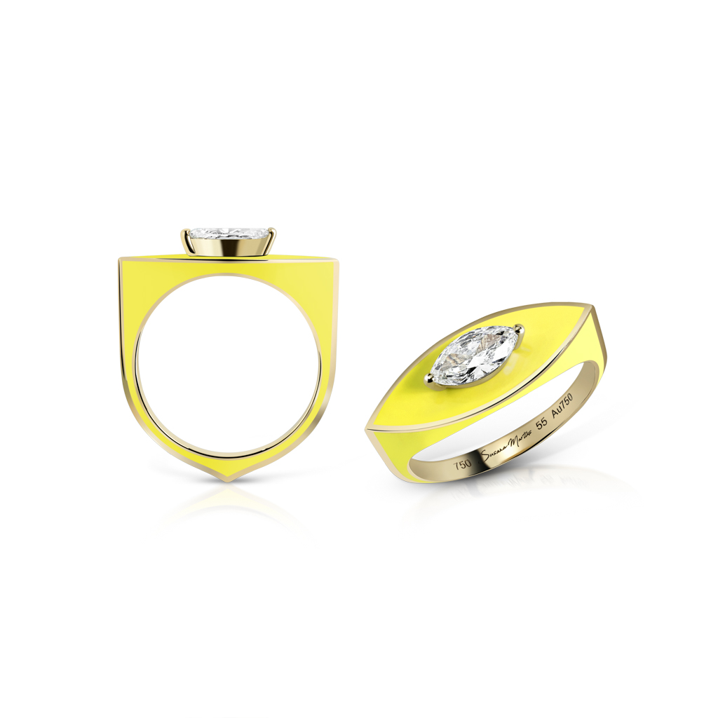 A yellow enamel ring featuring a diamond set in a gold band, viewed from two angles.