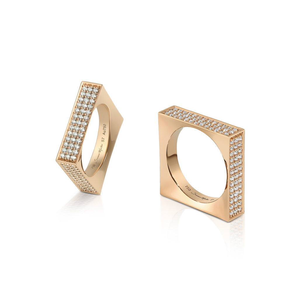 Two gold square shaped rings adorned with small diamonds on one side.