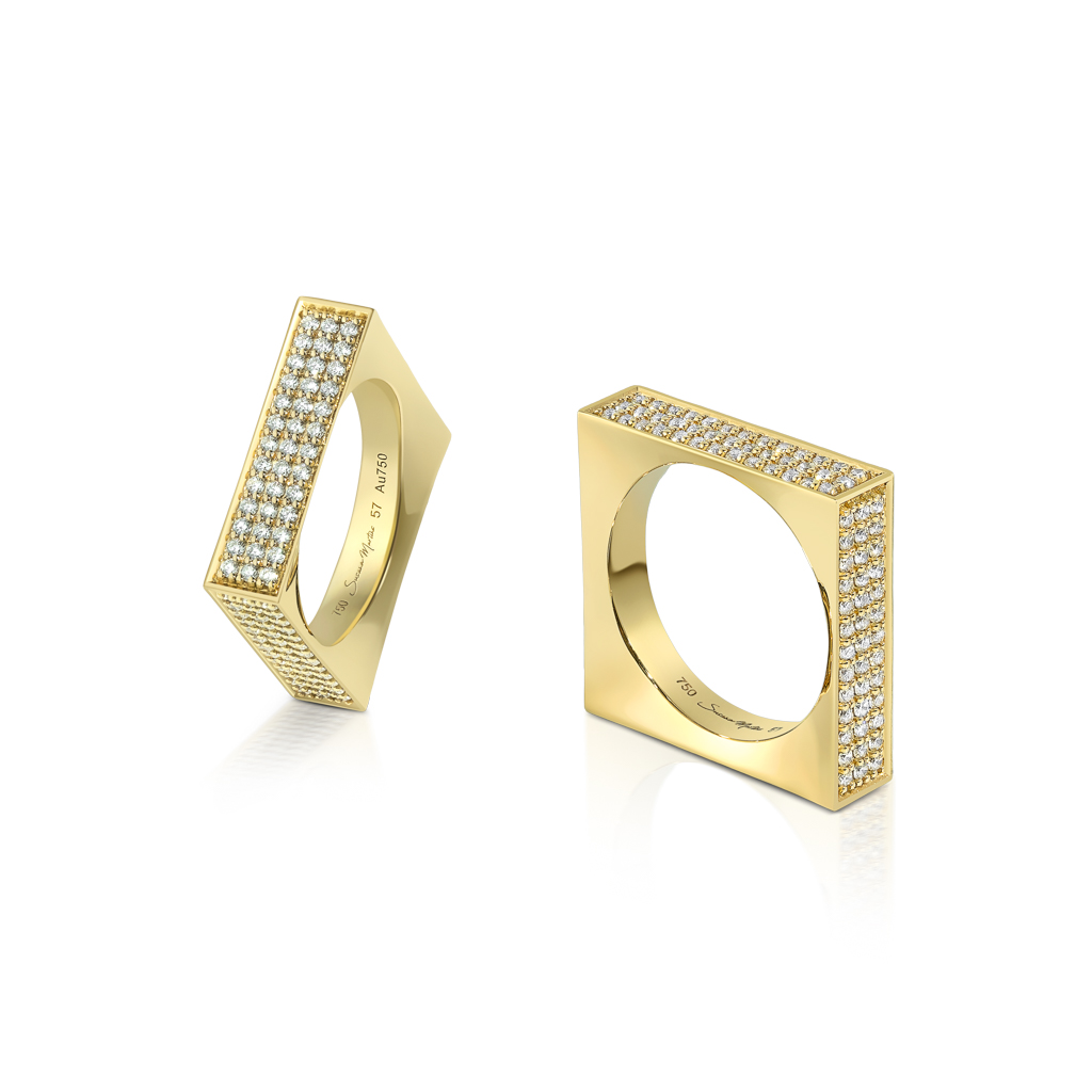 Gold square-shaped earrings featuring diamond accents on the edges and a hollow center.