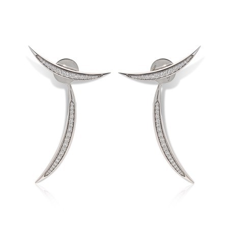 Stylish silver earrings featuring a unique curved design adorned with sparkling diamonds, ideal for formal occasions.