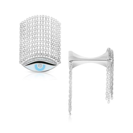 Double eye ring featuring a blue eye design and silver chain accents, showcasing a unique jewelry piece for fashion enthusiasts.