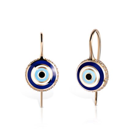 Eye bubble earrings featuring a hook design with blue and gold accents, adorned with sparkling details, perfect for stylish jewelry collections.