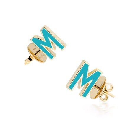 Turquoise and gold letter M 3D stud earrings showcasing a modern design, perfect for casual or formal wear.