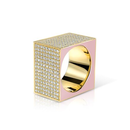 Stack Band The Cube Diamond Ring in baby pink and gold with diamond embellishments, showcasing a unique geometric design.