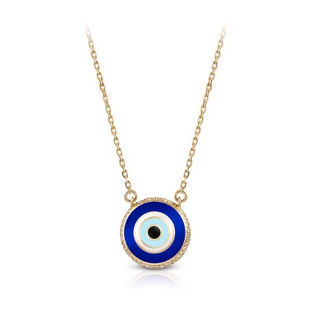 Large bubble necklace featuring a blue and white pendant on a gold chain, showcasing a unique design with an eye motif.