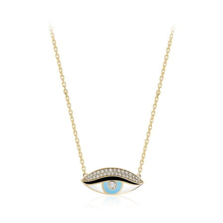 Large eye necklace featuring a gold chain, blue and black enamel, and sparkling gemstones, ideal for jewelry enthusiasts.