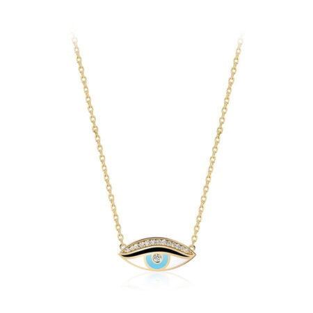 Small eye necklace featuring a gold chain and a blue eye pendant adorned with sparkling stones, symbolizing protection and style.