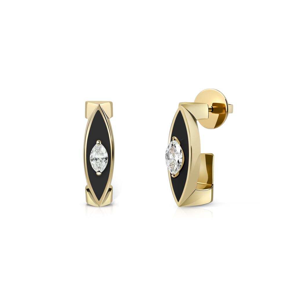 Gold ear clips featuring a marquise stone set against a black enamel background.