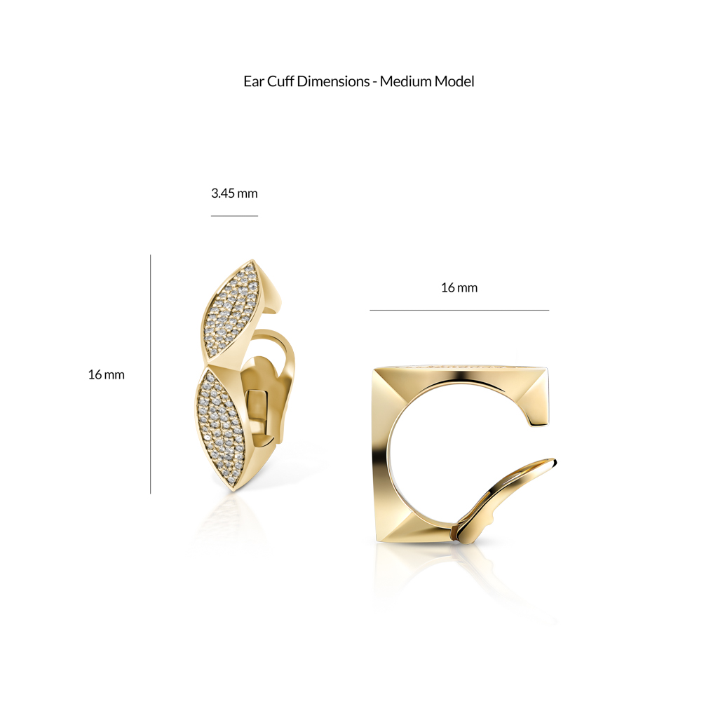 Medium ear cuff featuring diamond frosting set in yellow gold with specific dimensions.