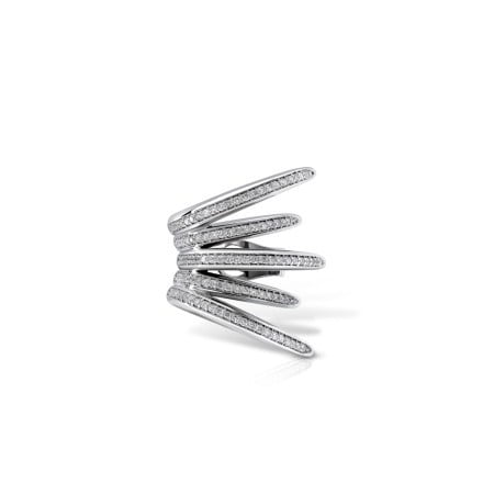 Calatrava diamond ring featuring five sleek strokes, crafted in white gold, showcasing sparkling diamonds along the edges for a modern look.