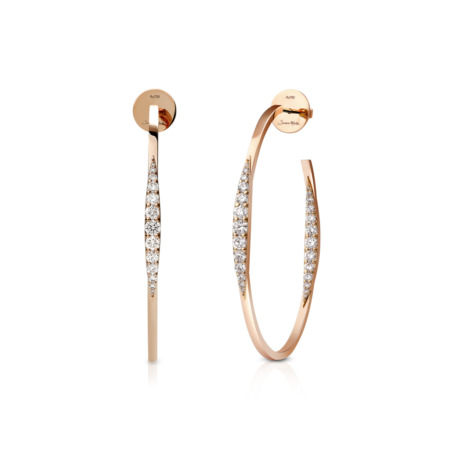 Rose gold hoop earrings featuring a line of diamonds along one side.
