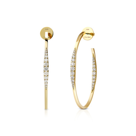 Gold hoop earrings featuring a curved design with diamond accents along one side.