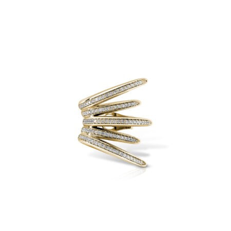 Calatrava Diamond Strokes ring featuring a unique spiral design with multiple rows of sparkling diamonds set in yellow gold.
