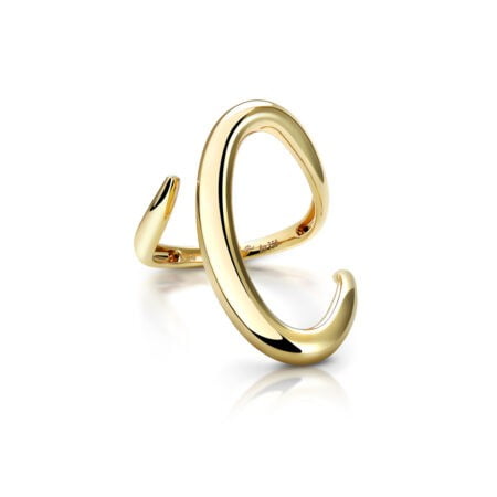 Stylish gold ring with a unique curved design, featuring a glossy finish, ideal for modern jewelry collections.