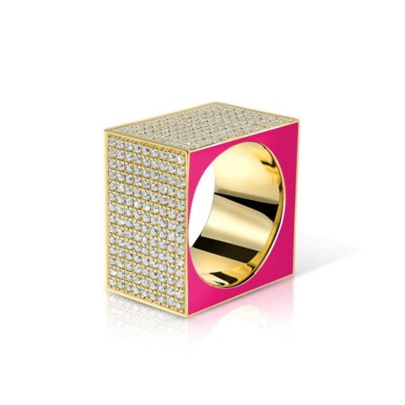 Colour Mania Cube Ring in hot pink with diamond embellishments, featuring a unique square design and gold accents.