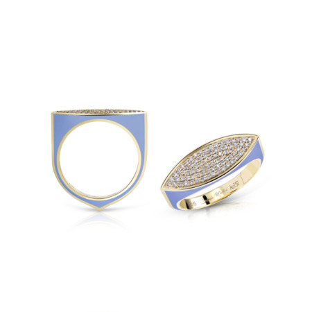 Maxi pave ring featuring a marquise shape and yellow gold composition with a blue enamel finish.