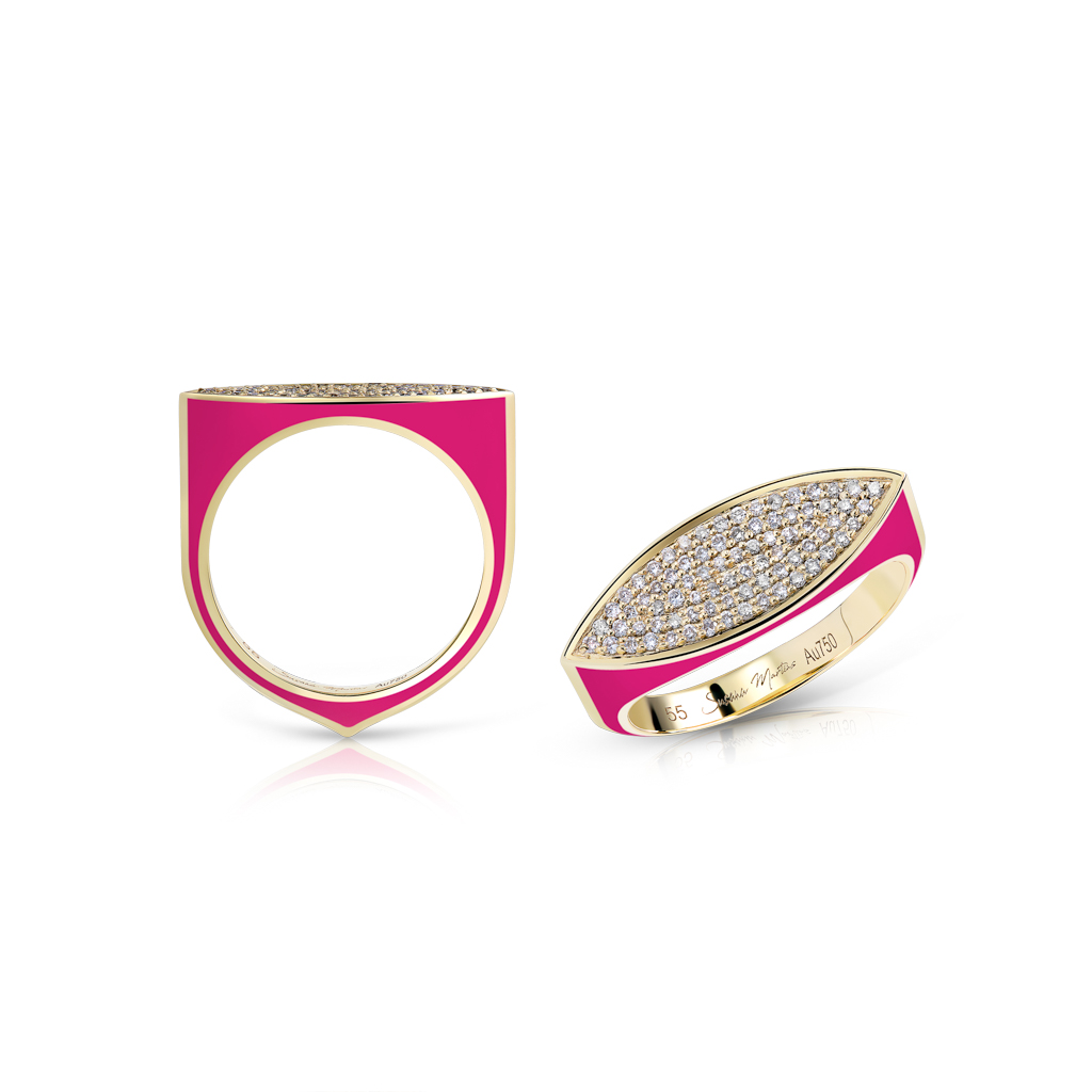 Gold ring featuring a marquise design with pink enamel and pave set stones.