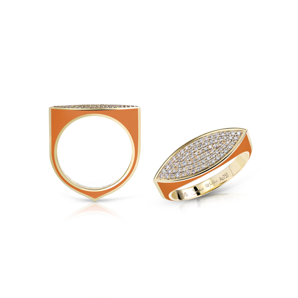 Maxi pave ring featuring a marquise design in yellow gold with orange accents and diamond embellishments.