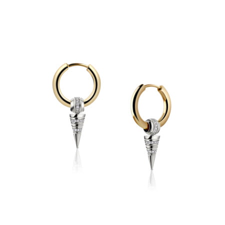 Dancing Spike Huggies earrings featuring diamonds and a unique design in gold and silver, showcasing elegance and style.