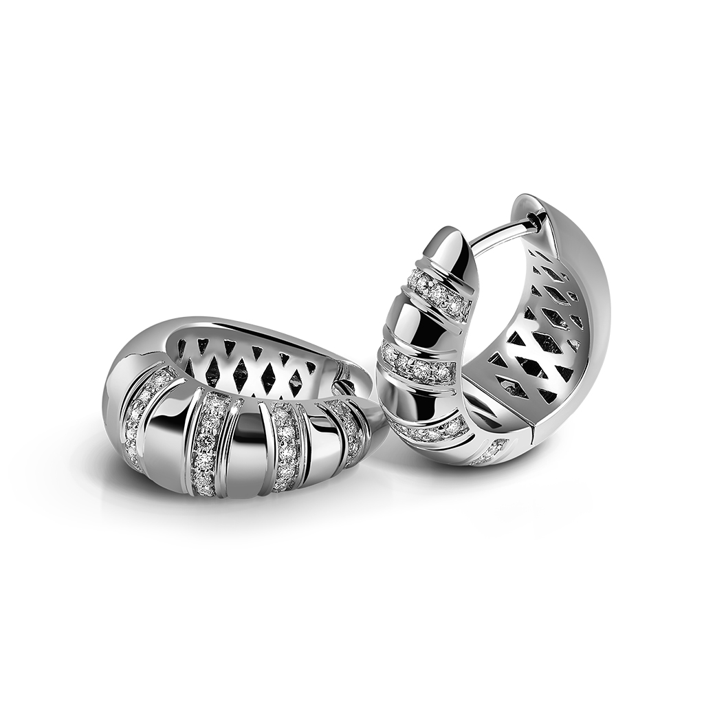 A pair of silver hoop earrings featuring diamond accents and a unique design.