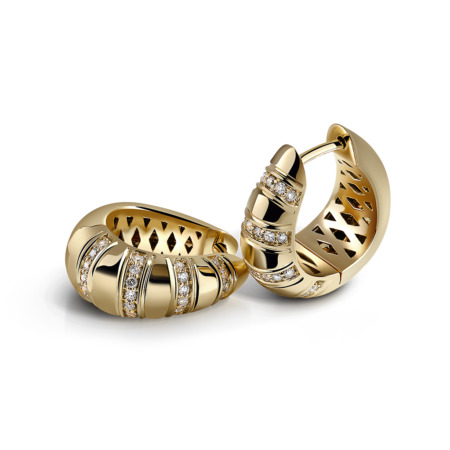 Pair of gold hoop earrings featuring diamond accents and a unique design.