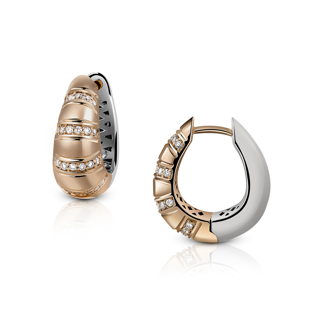 Pair of dual-tone hoop earrings featuring diamond accents and a polished finish.