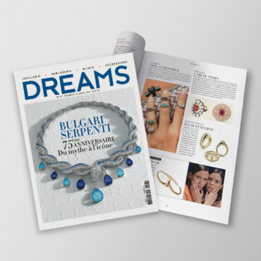 Cover of Dreams magazine featuring Bulgari Serpenti jewelry and a feature on rings and accessories, showcasing luxury designs.