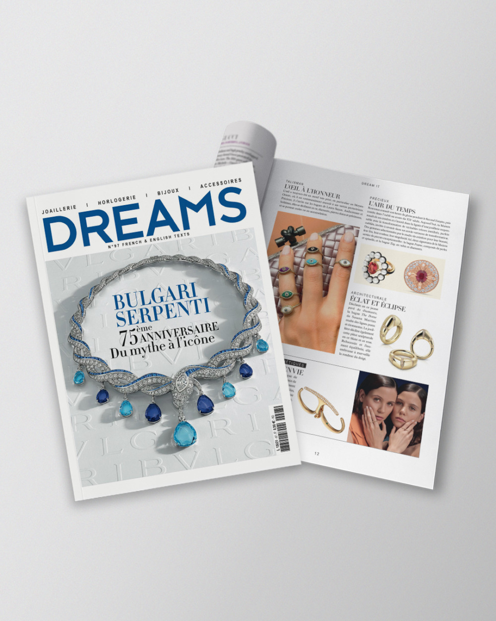 Cover of Dreams magazine featuring Bulgari Serpenti jewelry and a feature on rings and accessories, showcasing luxury designs.