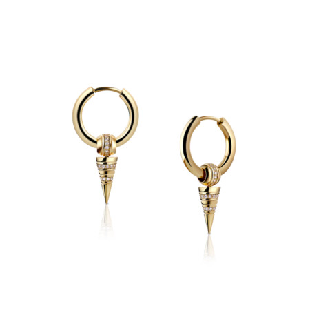 Gold huggie earrings featuring a spike design adorned with diamonds, showcasing a modern and elegant style.