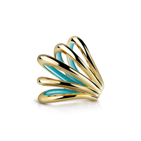 Calatrava Gloss Strokes Ring featuring a gold design with turquoise enamel accents, showcasing a modern and elegant style.