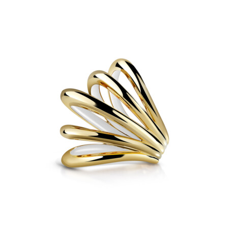 Calatrava Gloss Strokes Ring featuring a unique design with white enamel and gold accents, showcasing elegance and modern style.