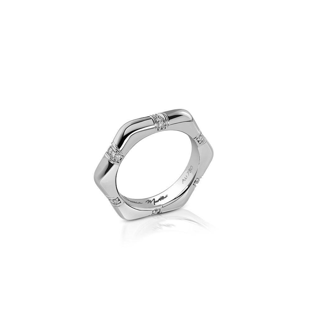 Silver hexagonal ring featuring diamond accents on the band.