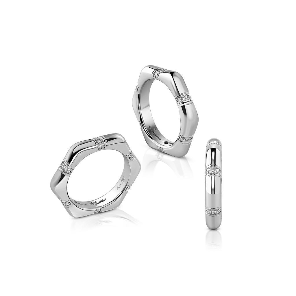 Three views of a hexagonal silver ring featuring diamond accents.