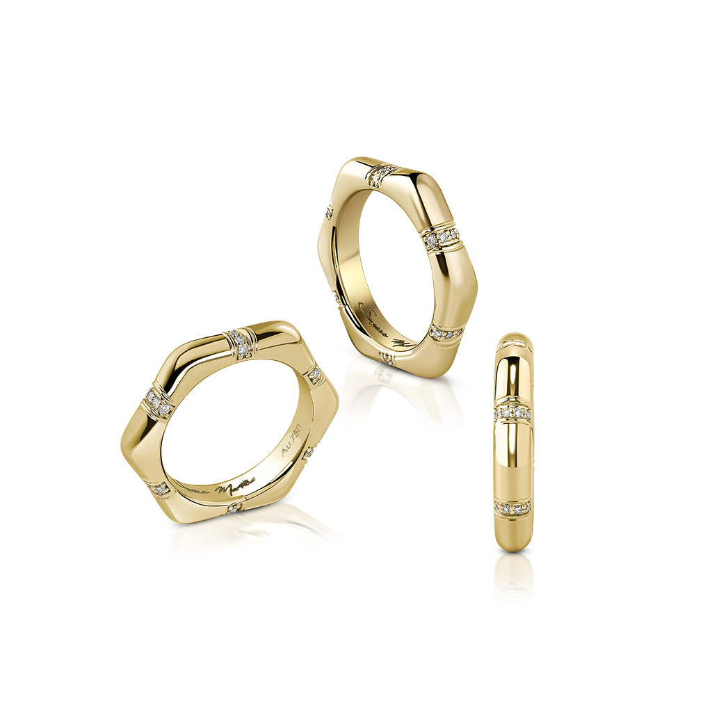 Three views of a gold hexagonal ring featuring diamond accents.
