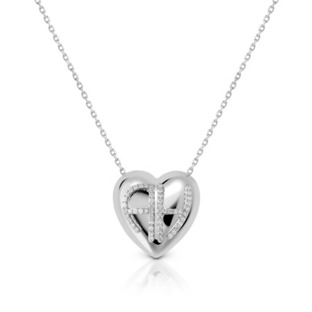 White gold heart pendant featuring intertwined initials with diamond accents, perfect for personalized jewelry lovers.